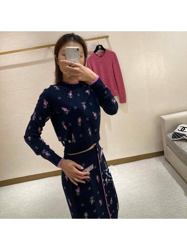 Flower CC Logo Cashmere Knit Top Navy Blue Chanel