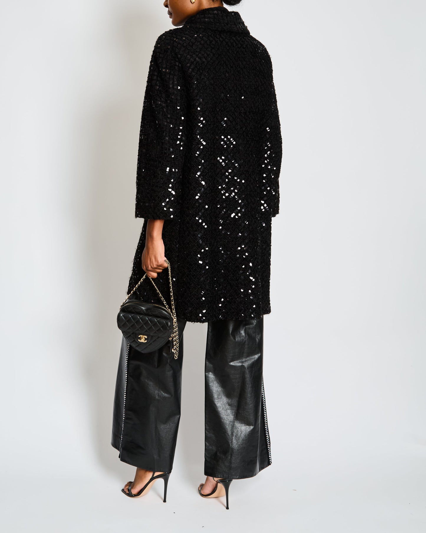 Chanel Black Tweed and Sequin Knee Length Jacket with Collar and Camellia Detail Buttons and Cream Silk Panels Size FR 36 (UK 8)