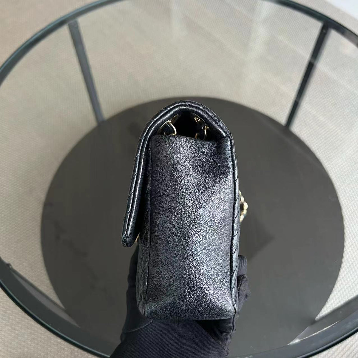 Seasonal Herringbone Medium Flap in Black Distressed Calfskin Aged Golden Hardware Series 21