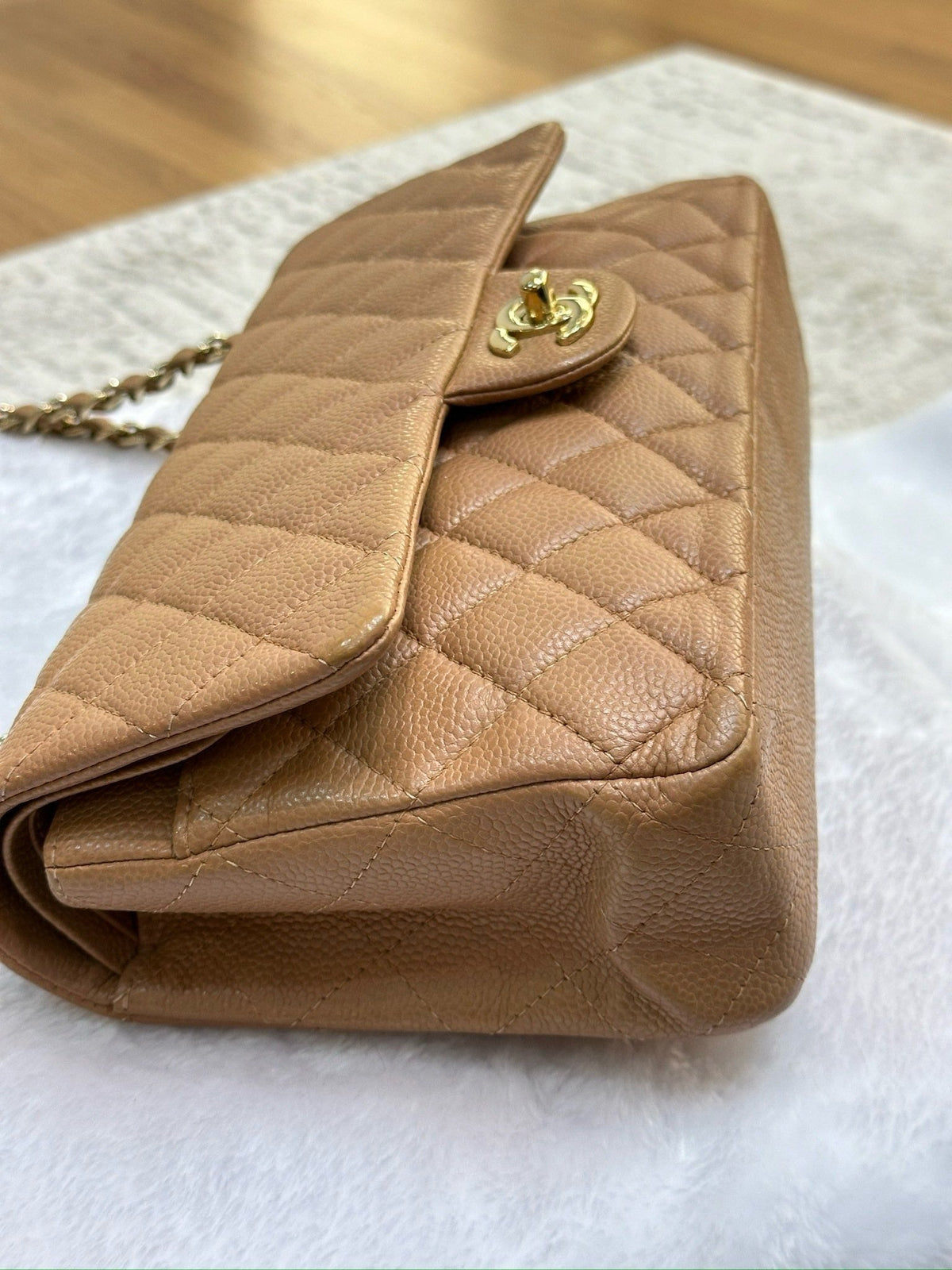 Chanel Medium Caviar Quilted Double Flap Beige Bag 258315 Holo Card