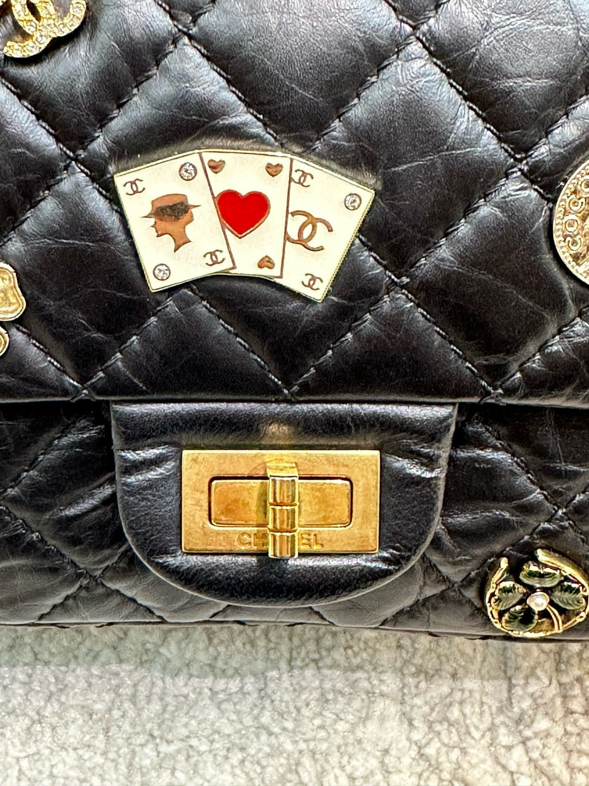 Chanel Small 2.55 Reissue Aged Calfskin Lucky Charms 225 Flap Black GHW