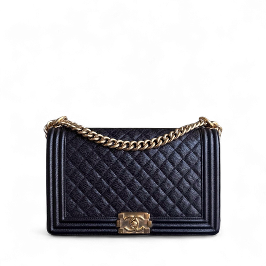 Chanel Boy New Medium - Caviar 28CM Quilted Black Gold Hardware Series 23