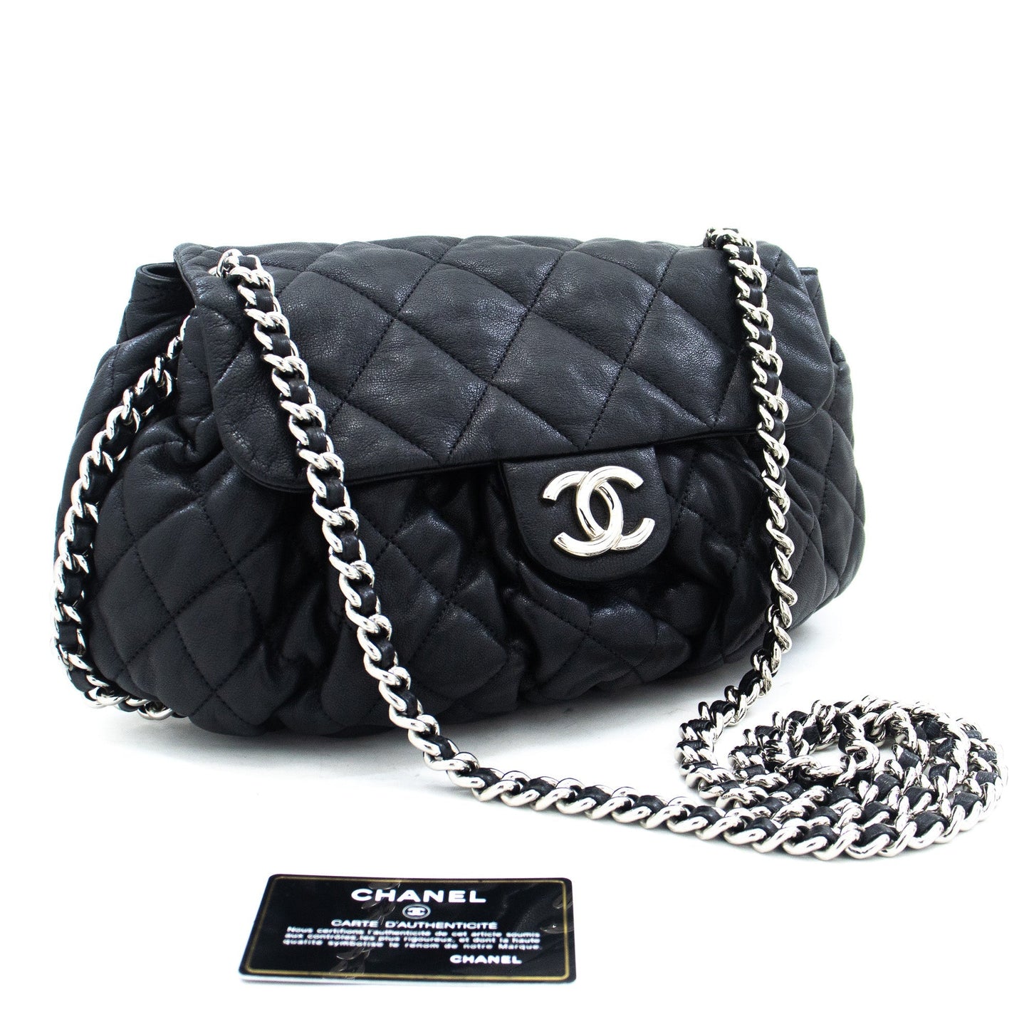 CHANEL Chain Around Shoulder Bag Crossbody Black Calfskin Leather