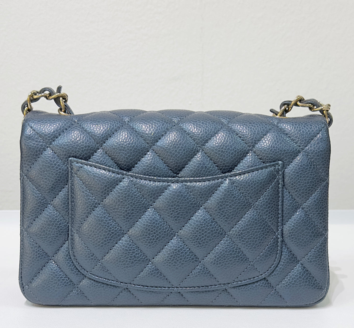 CHANEL Pearly Caviar Quilted Mini Rectangular Flap Navy Blue 18S