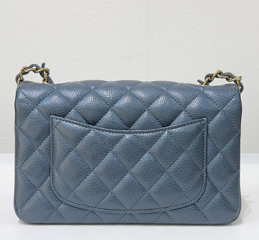 CHANEL Pearly Caviar Quilted Mini Rectangular Flap Navy Blue 18S