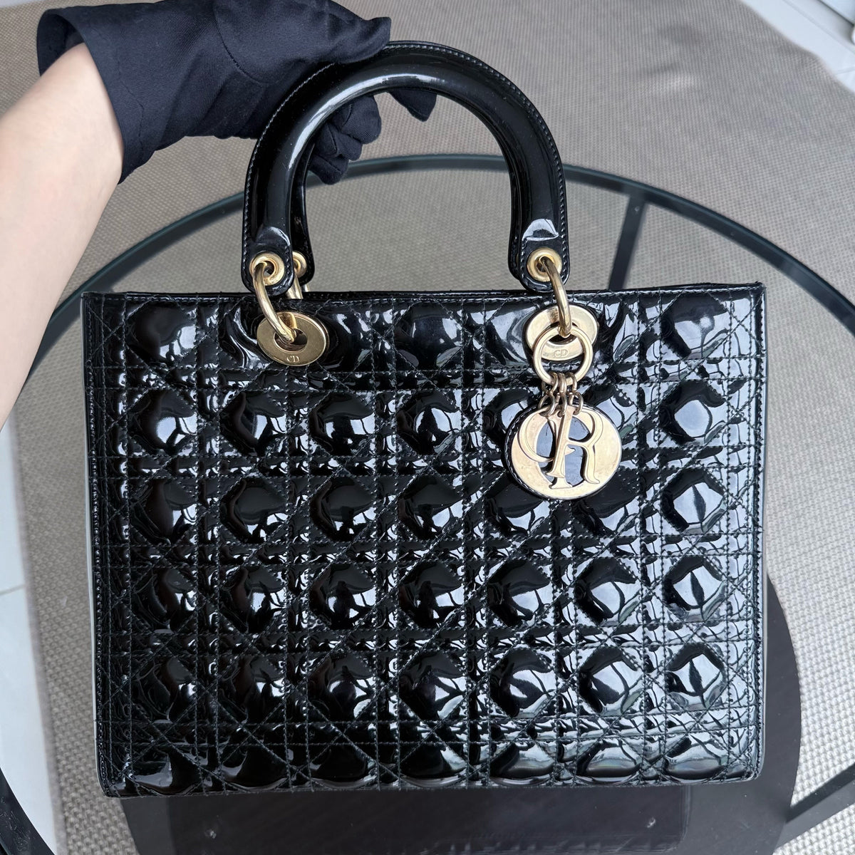 Dior Lady Large - Patent Calfskin Black Gold Hardware NO STRAP