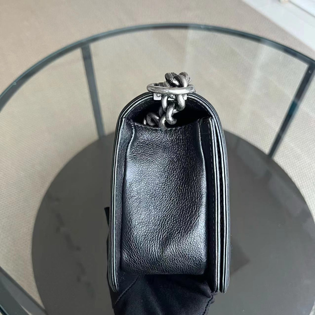 Calfskin Boy Old Medium 25CM Medium Quilted Black Ruthenium Silver Hardware Series 18