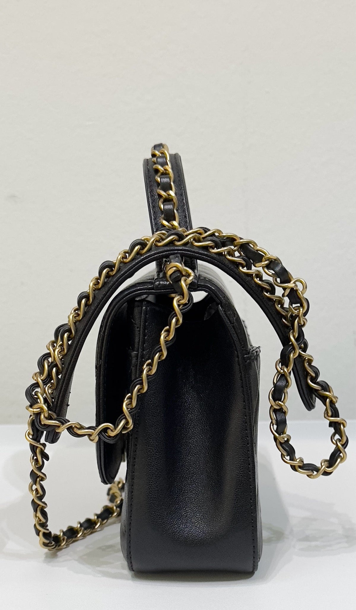 Chanel Small Lambskin Quilted Chain Infinity Top Handle Flap Black GHW