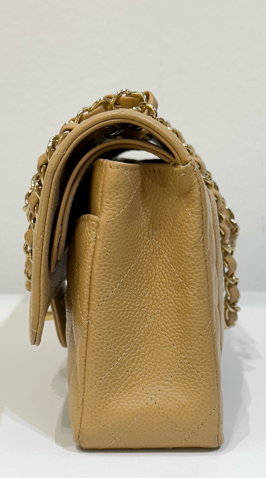 Chanel Medium Caviar Quilted Double Flap Beige Bag 866 Holo