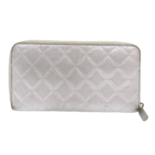 CHANEL Matelasse Wallet Lamb Skin Silver CC Auth 48192