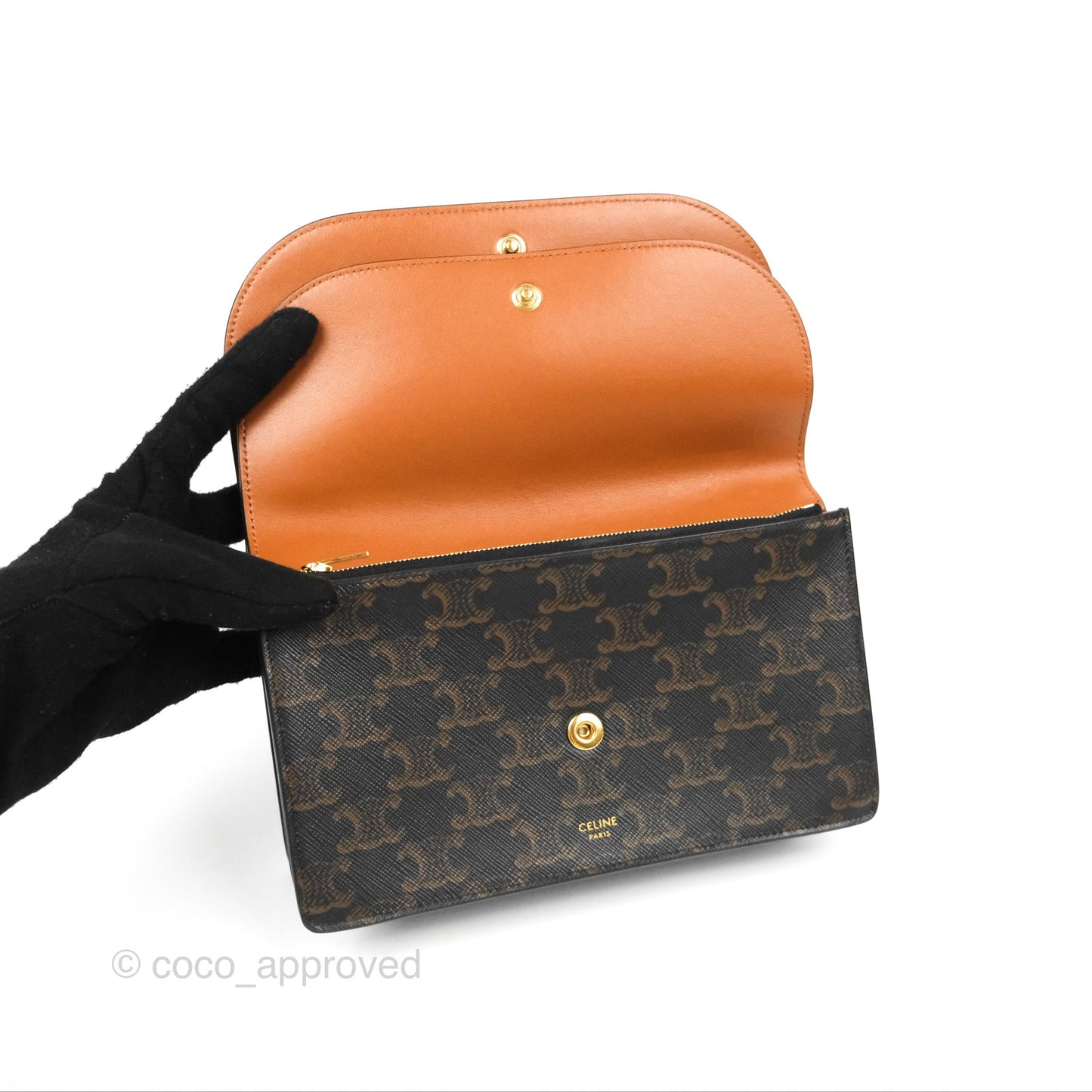 Celine Wallet On Strap Triomphe Canvas Tan Lambskin