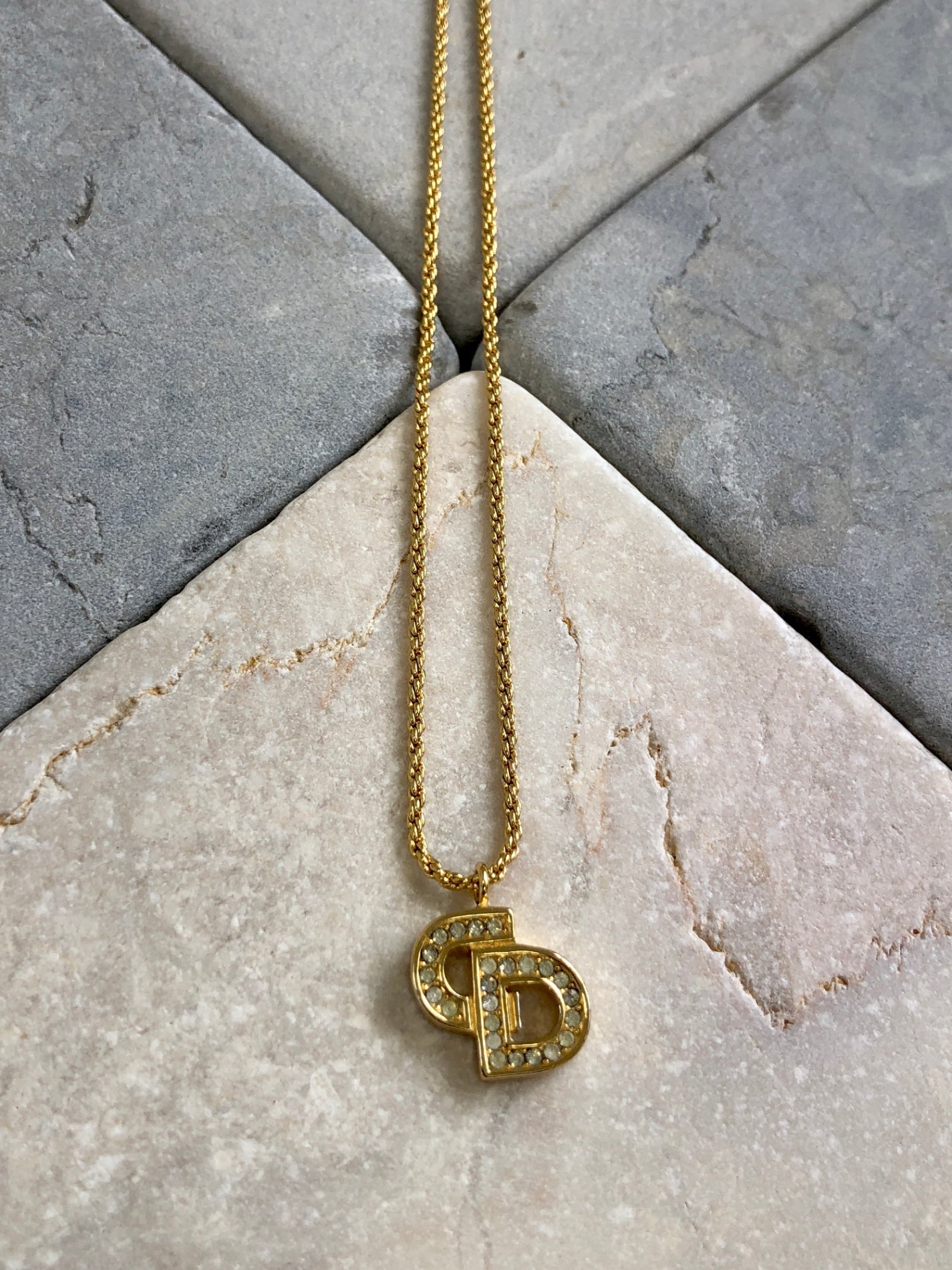 Christian Dior CD Logo Rhinestone Necklace Gold Vintage hk42f6