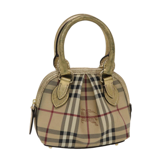 BURBERRY Nova Check Hand Bag PVC Leather Beige Gold Auth 49100