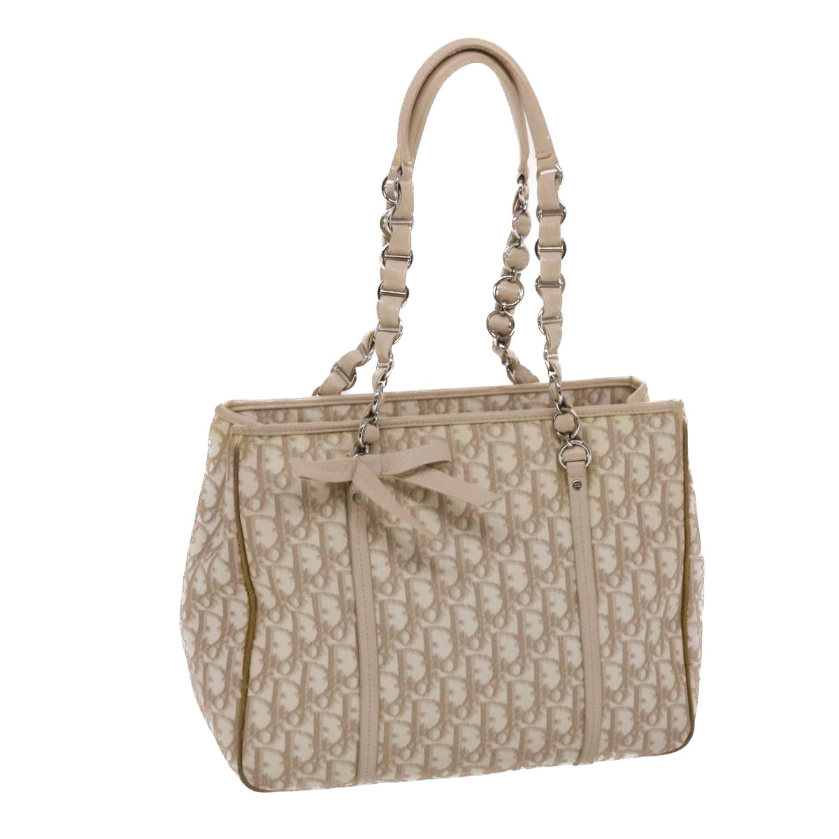 CHRISTIAN DIOR Trotter Canvas Tote Bag PVC Leather Beige Auth 49112