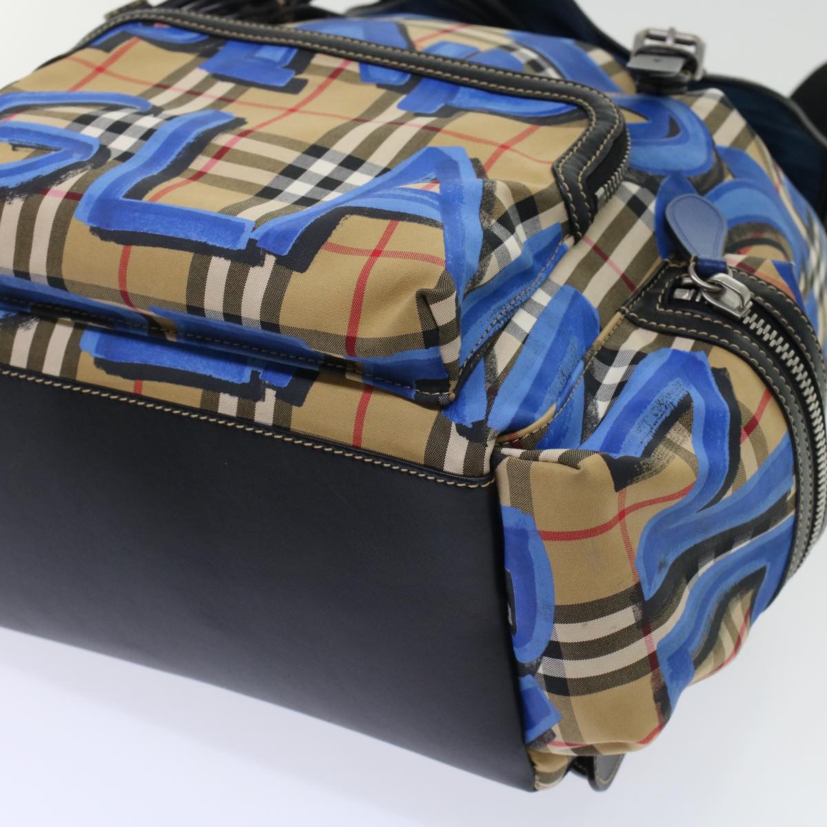 BURBERRY Nova Check Graffiti Backpack Canvas Leather Beige Blue Auth 49119A