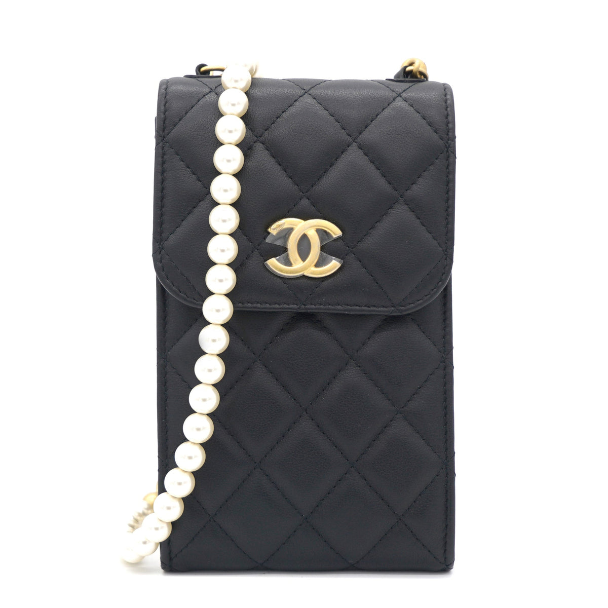 Chanel Lambskin Quilted Vertical Pearl Strap Black