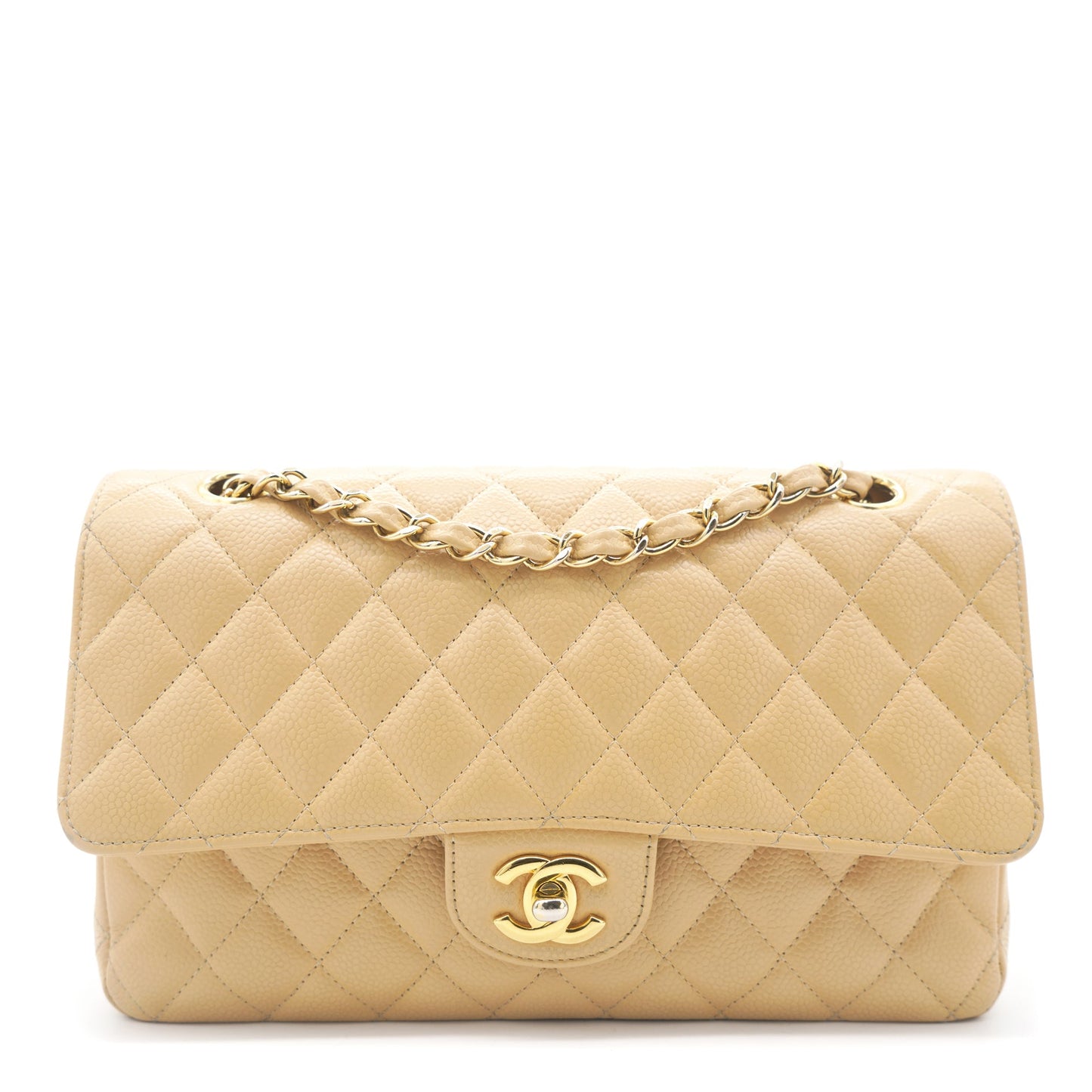 Chanel Beige Quilted Caviar Leather Classic Double Flap Bag