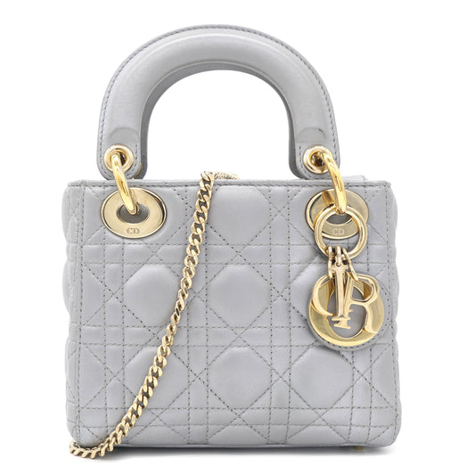 Dior Pearl Grey Cannage Leather Mini Lady Dior Tote