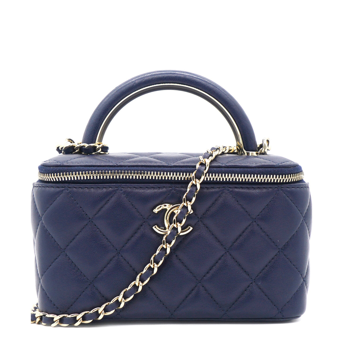 Chanel Lambskin Quilted Small Top Handle Vanity Case With Chain Navy