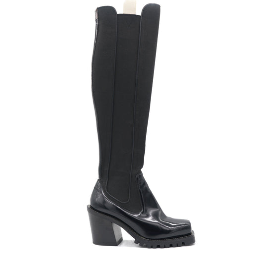 Black Fabric and Patent Leather Knee Length Boots Size 39