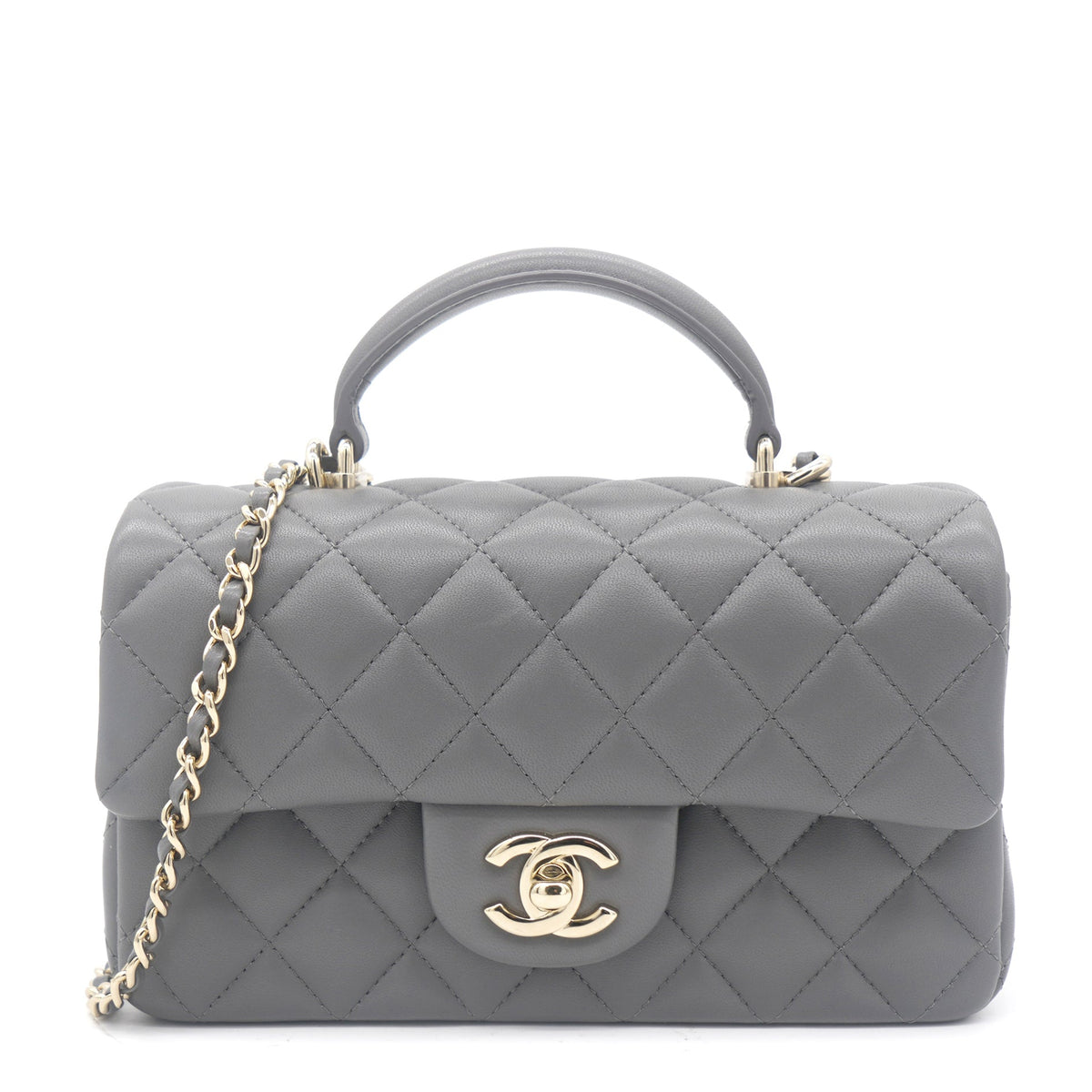 Chanel Lambskin Quilted Mini Top Handle Rectangular Flap Grey