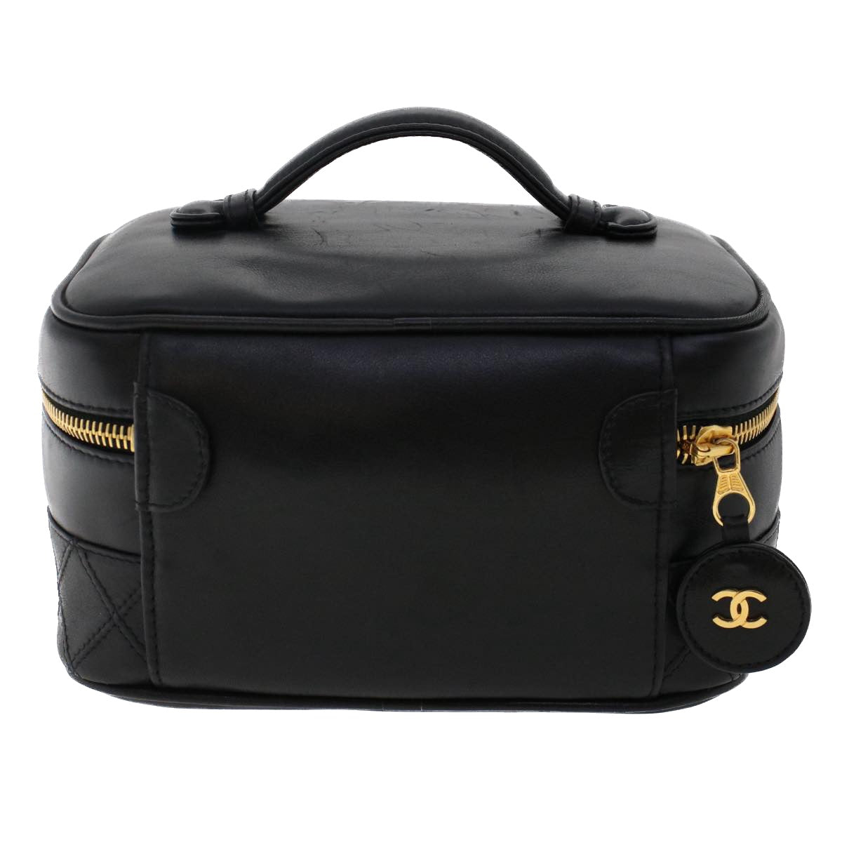 CHANEL Vanity Cosmetic Pouch Lamb Skin Black CC Auth 49400A