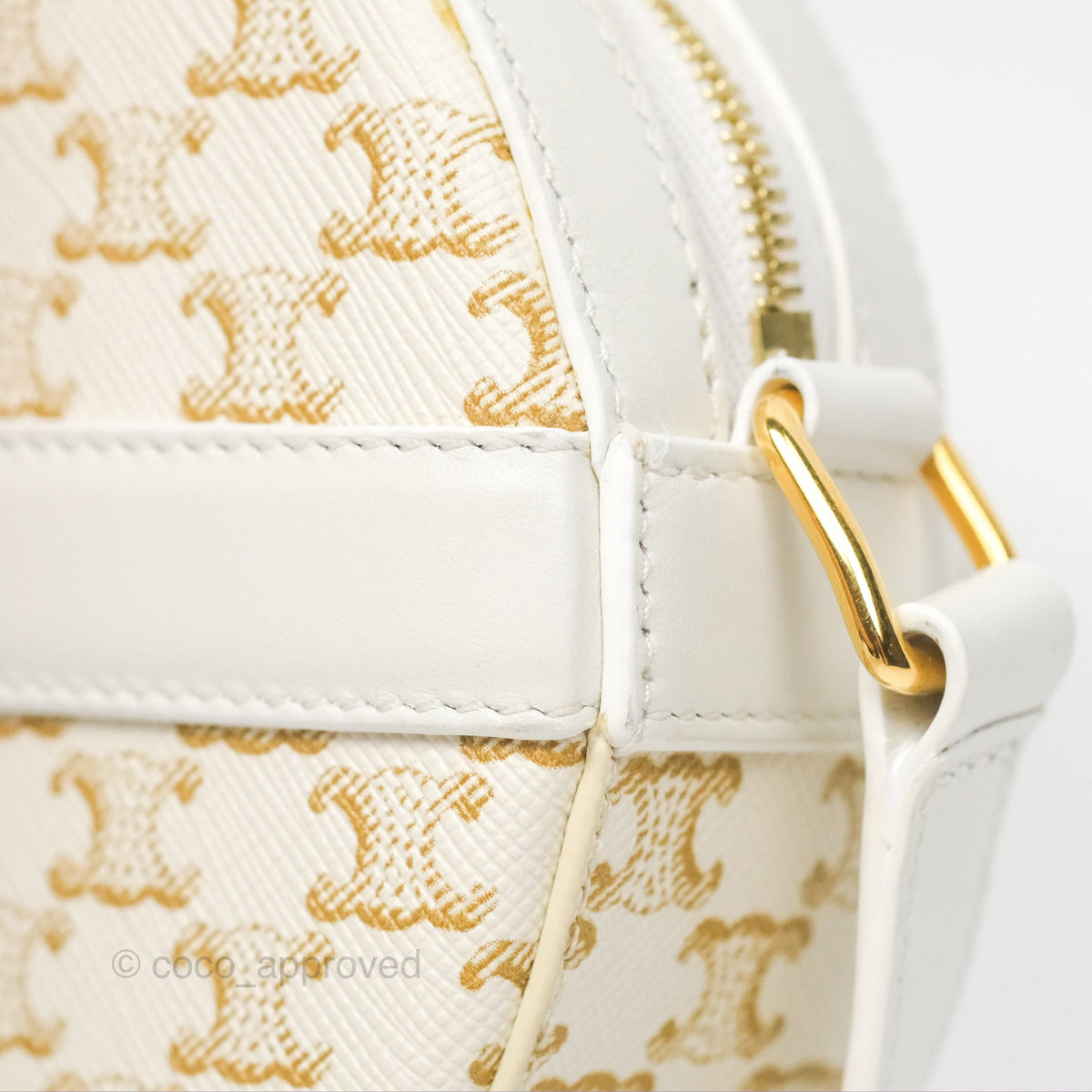 Celine Round Purse on Strap Triomphe Canvas White Calfskin