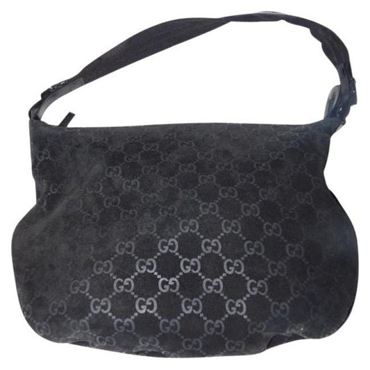 Gucci Vintage Black With Metallic Embossed G Logo Print Suede Leather Hobo Bag