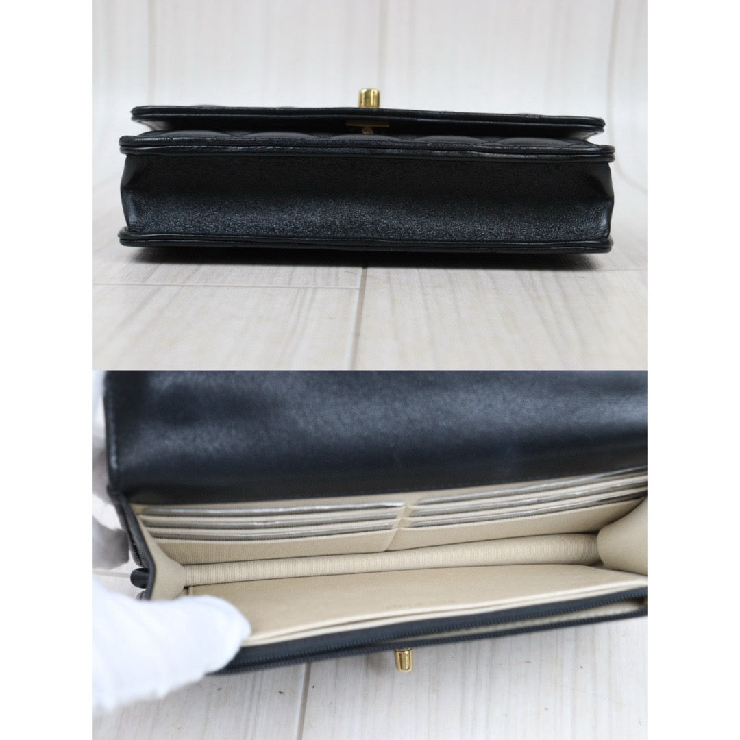 Good ( Rank AB)｜ CHANEL Matelasse Lamb Skin Chain Wallet Black Gold Hardware IC Chips Model ｜P25031402