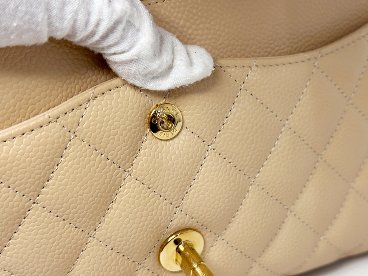 Chanel Medium Caviar Classic Double Flap Bag Beige 2552 holo card