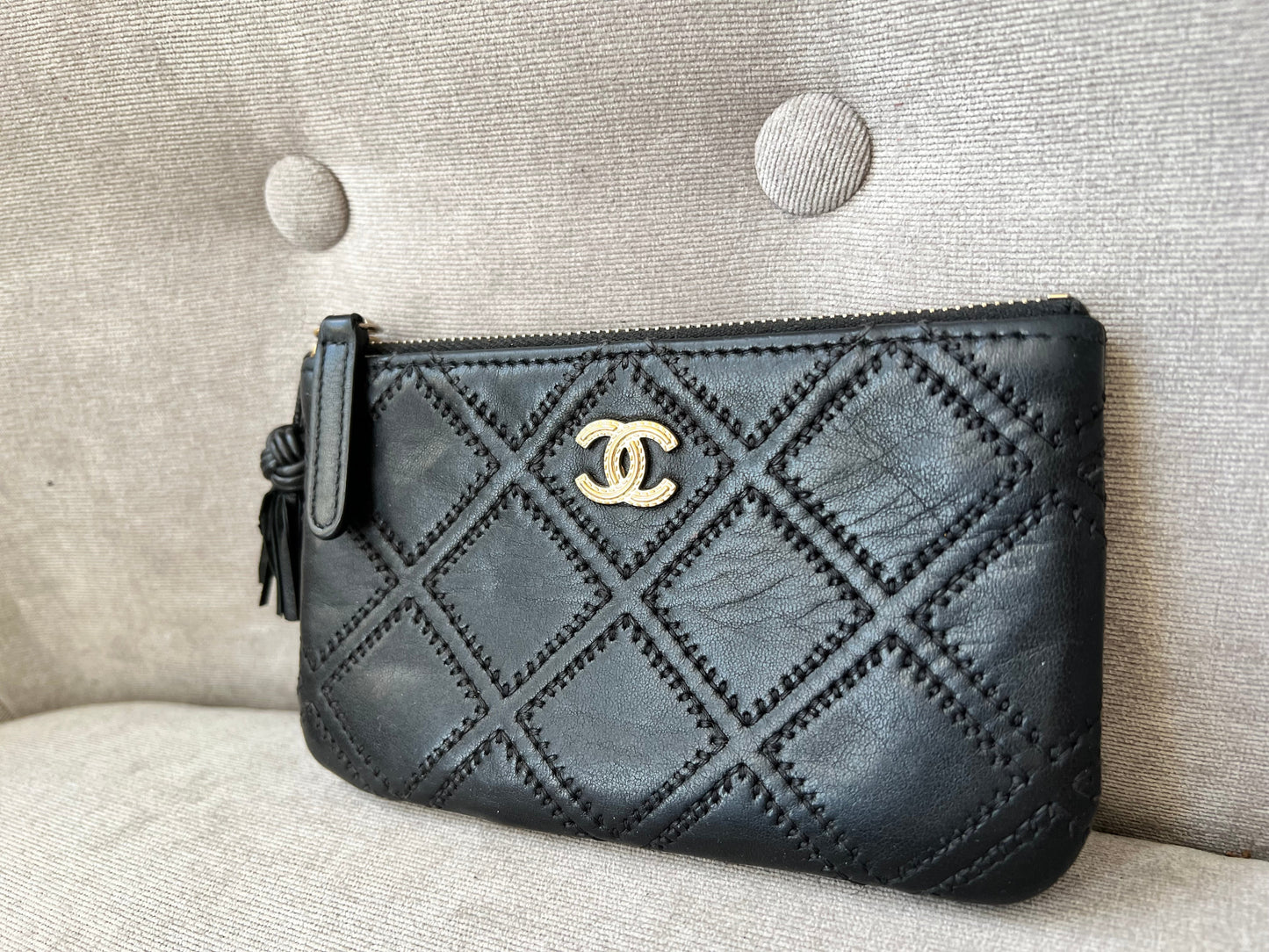 Chanel Black Lambskin Stitched Small Cosmetic Pouch