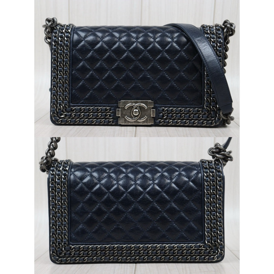 Good ( Rank AB)｜CHANEL Caviar Skin  LeBoy Chain Shoulder Bag Medium Blue  Made In 2014-2015 Year｜P25031404