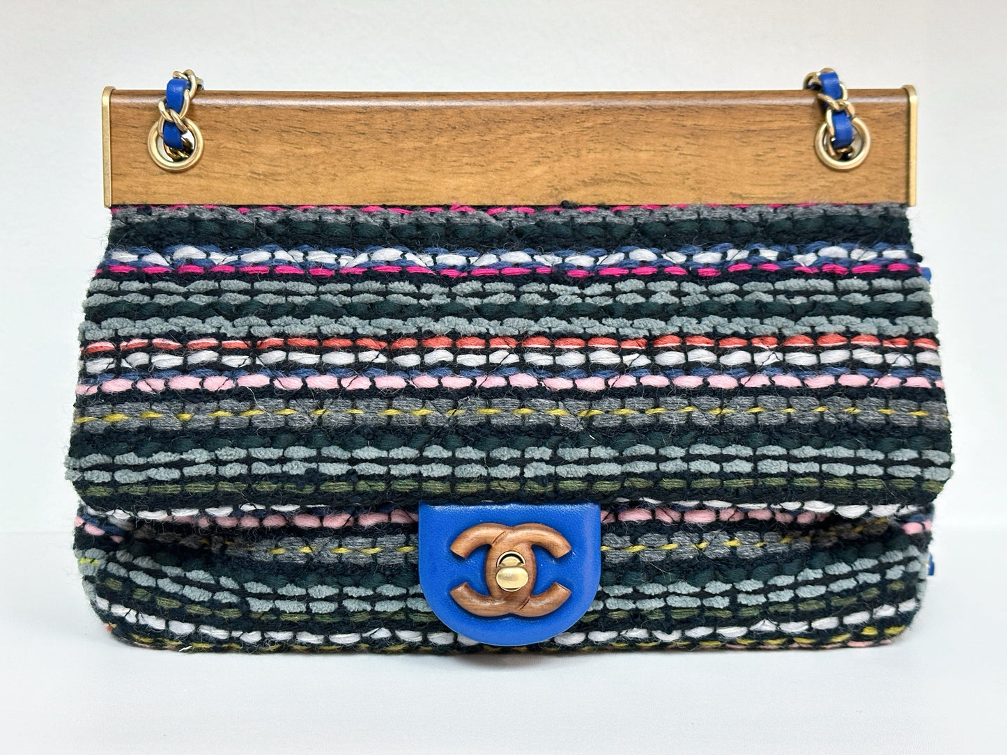 CHANEL Classic Flap Frame Knock on the Wood Tweed Shoulder Bag 2018 holo 2666