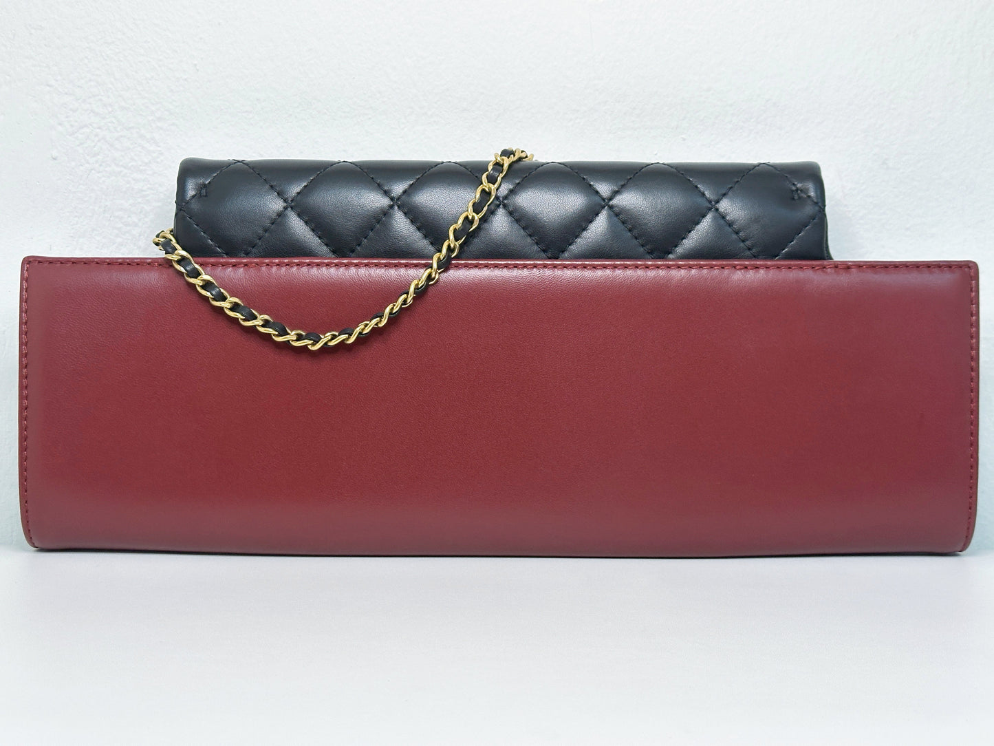 Chanel  Classic Flap Gabrielle Brasserie Menu Clutch Burgundy and Black Lambskin Antique GHW 2163 holo card