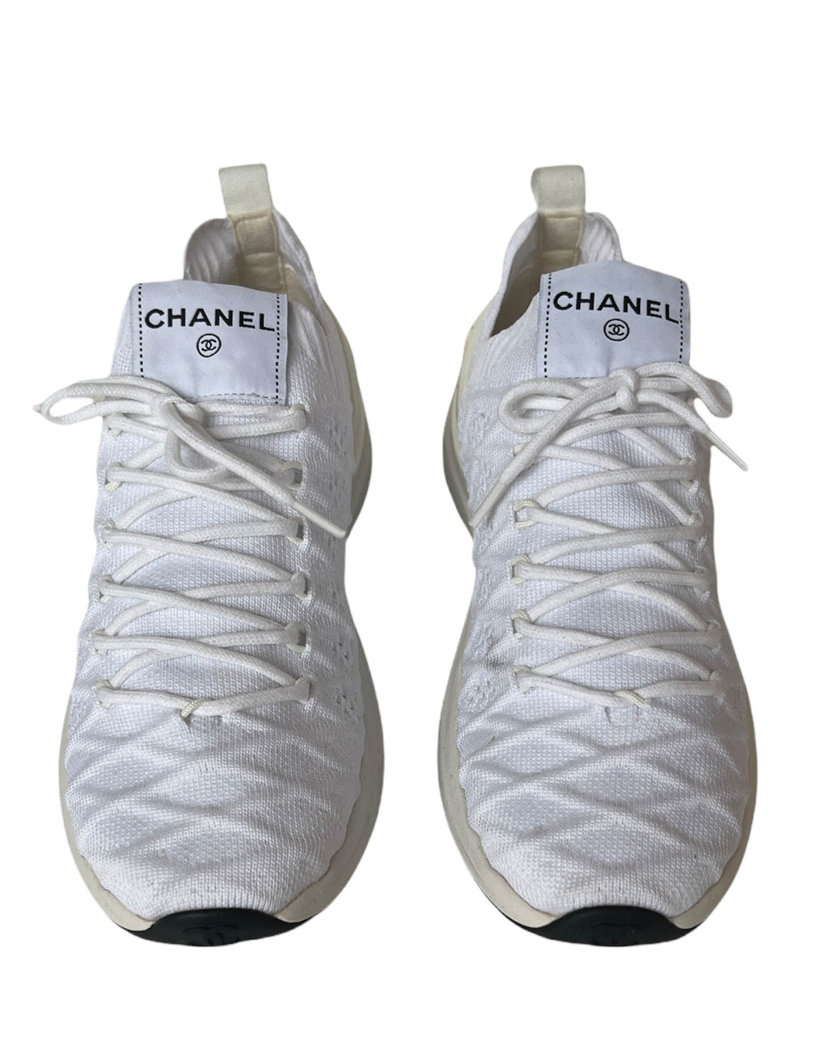 Chanel White Quilted Knit Sock Low Top Athletic Sneakers sz 38.5