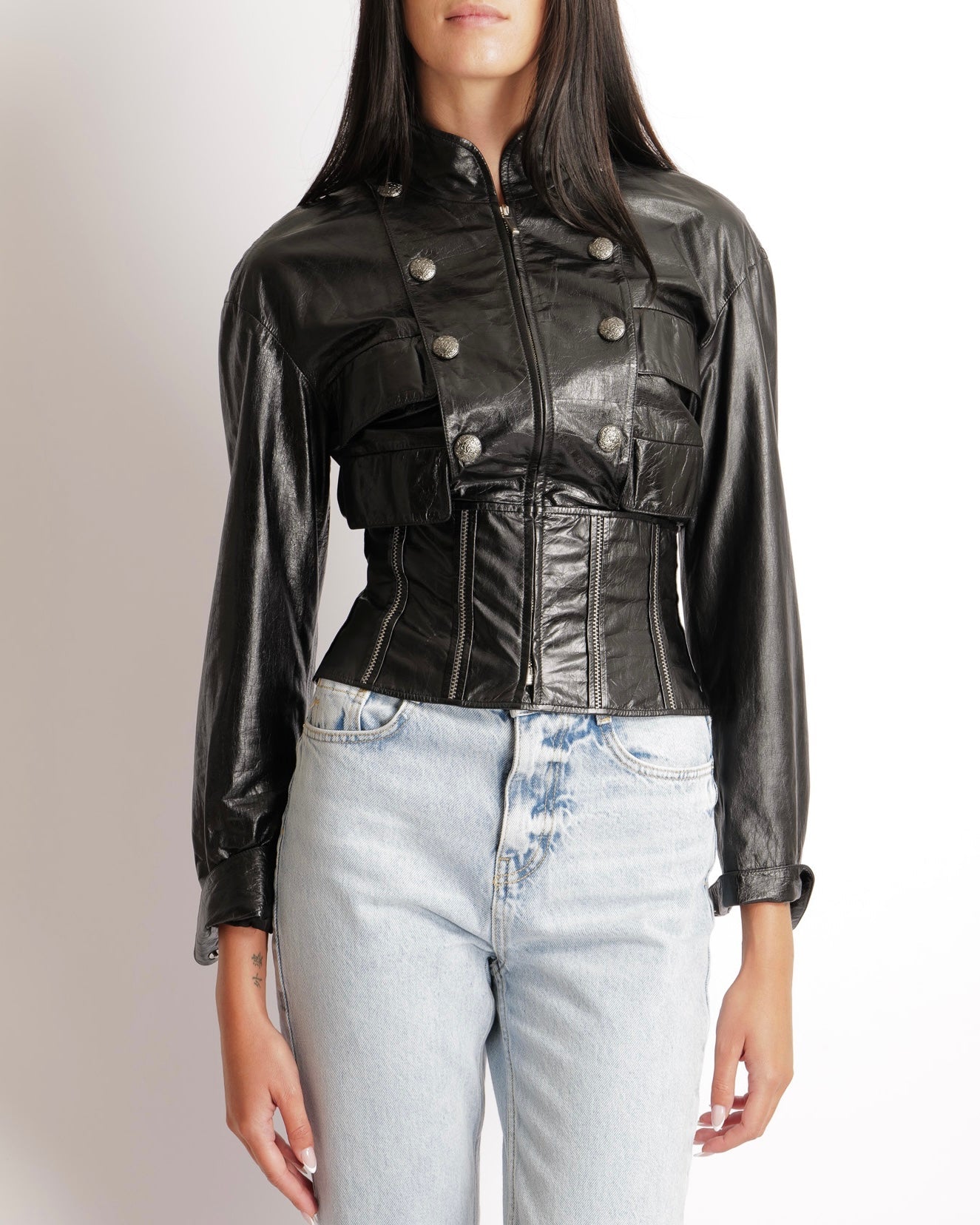 Chanel Black Distressed Leather Jacket with Silver Zippers Stitch Details and Silver Textured CC Logo Buttons Size FR 36 (UK 8)
