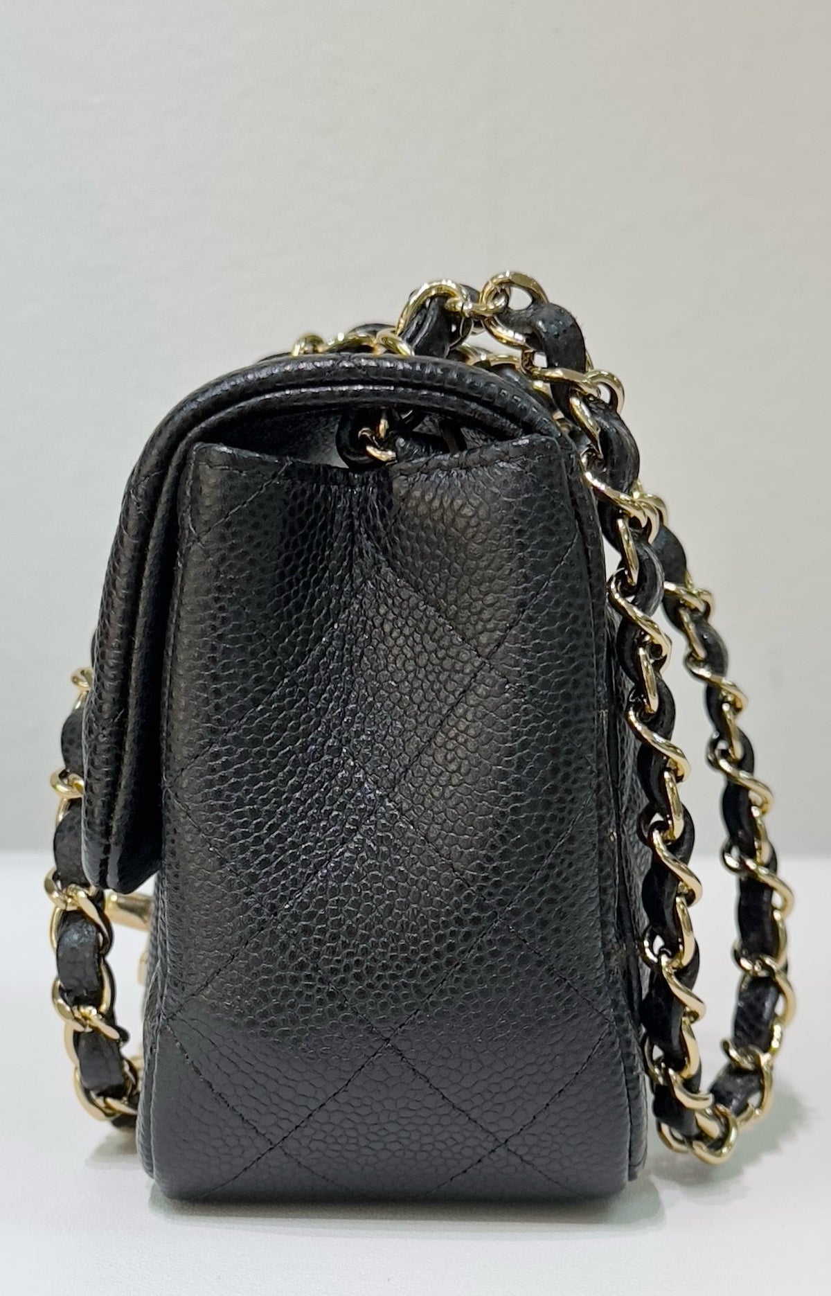 Chanel Mini Square Caviar Flap Bag Black GHW 25 holo card (Chain short than usual)