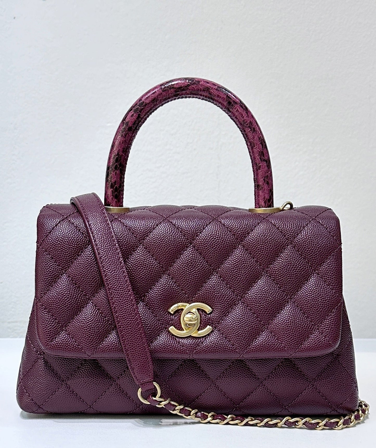 Chanel Small Coco Handle Elaphe Leather Handle Burgundy
