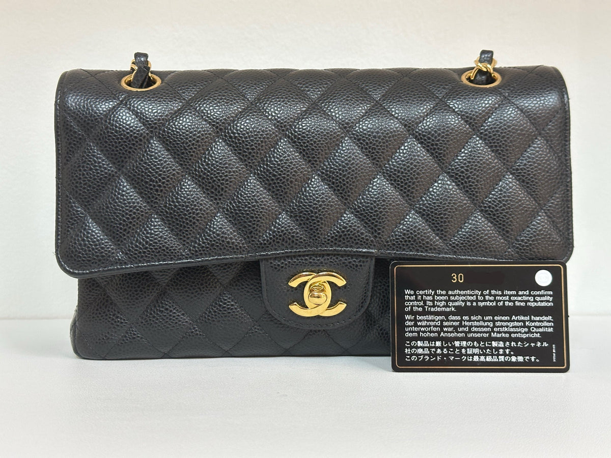 Chanel Medium Size Classic Quilted Caviar Double Flap Bag Black 3022 holo card