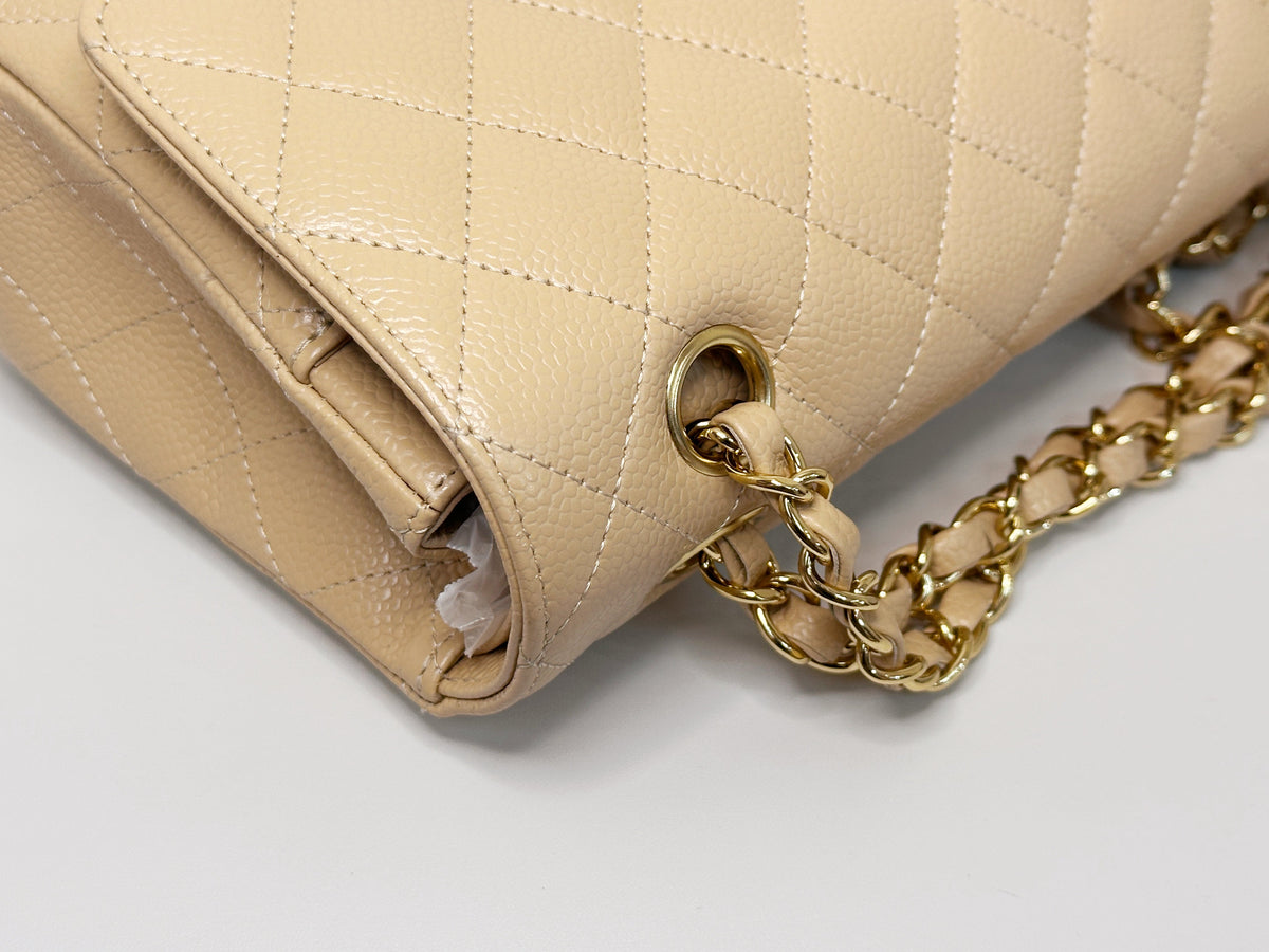 Chanel Medium Caviar Classic Double Flap Bag Beige 2552 holo card