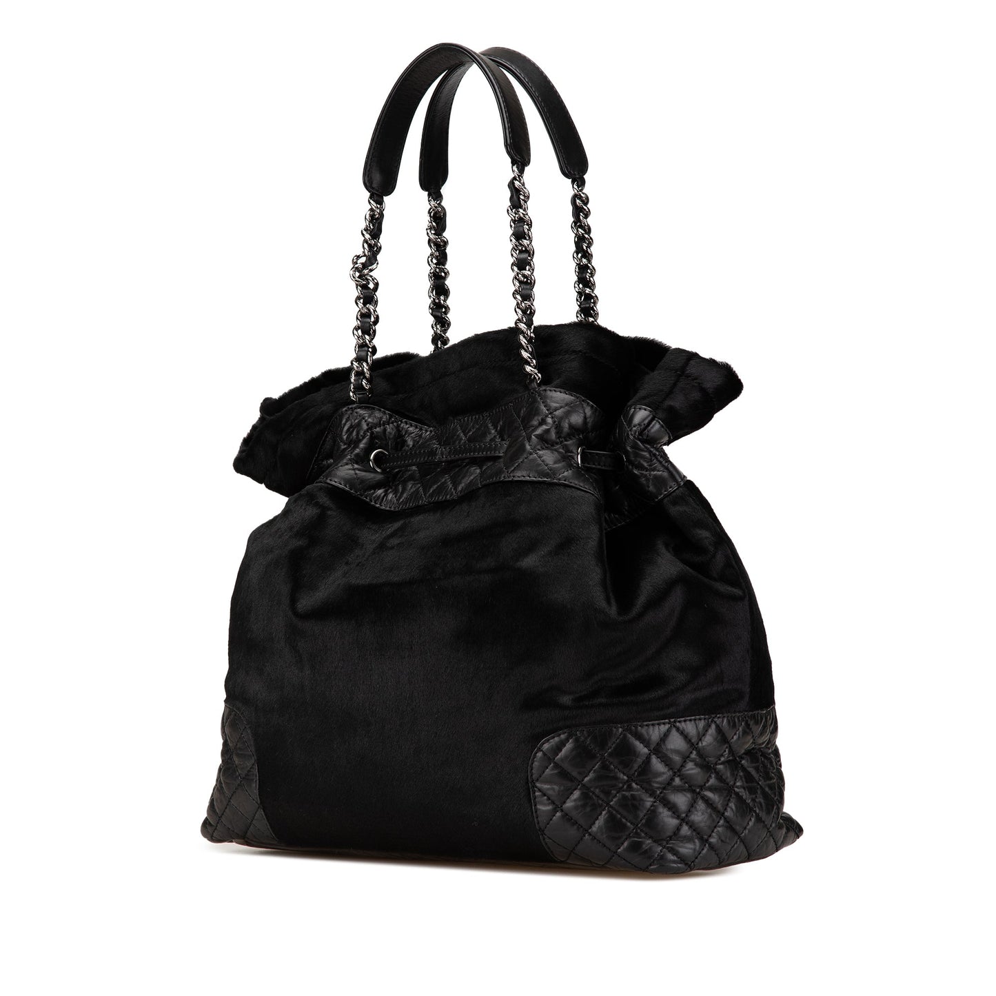 Black Chanel Pony Hair and Quilted Aged Calfskin Drawstring Tote