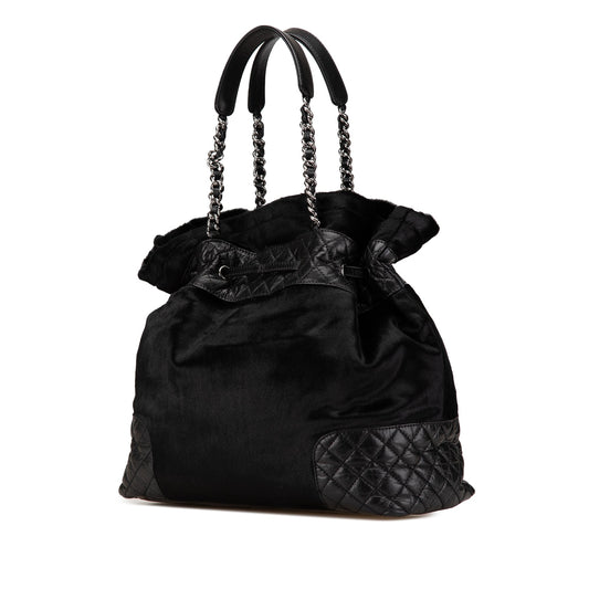 Black Chanel Pony Hair and Quilted Aged Calfskin Drawstring Tote