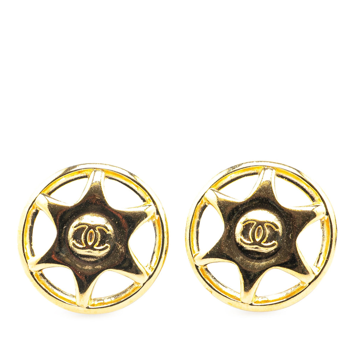 Gold Chanel Gold Plated CC Round Star Clip On Earrings
