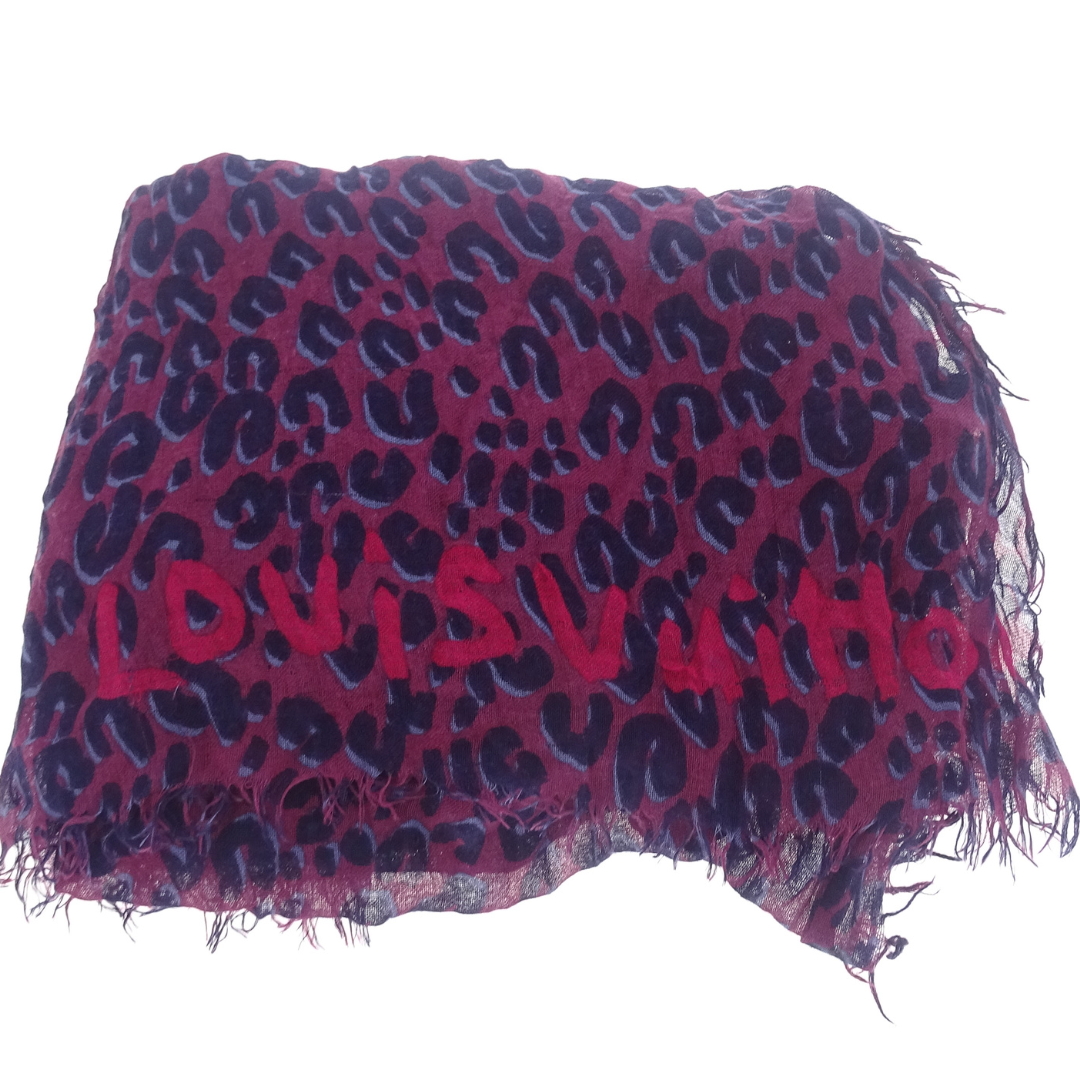 Louis Vuitton Rare Stephen Sprouse Wine Leopard Stole Cashmere & Silk