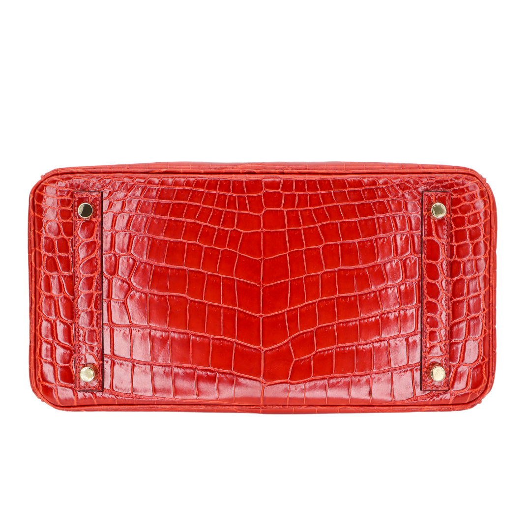 Hermès 30cm Birkin Braise Shiny Niloticus Crocodile Gold Hardware
