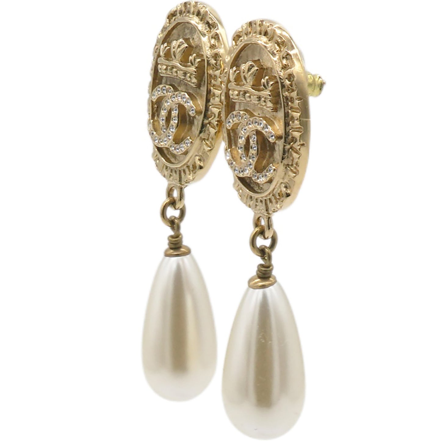 Chanel Crystal Pearl Crown CC Drop Earrings Gold