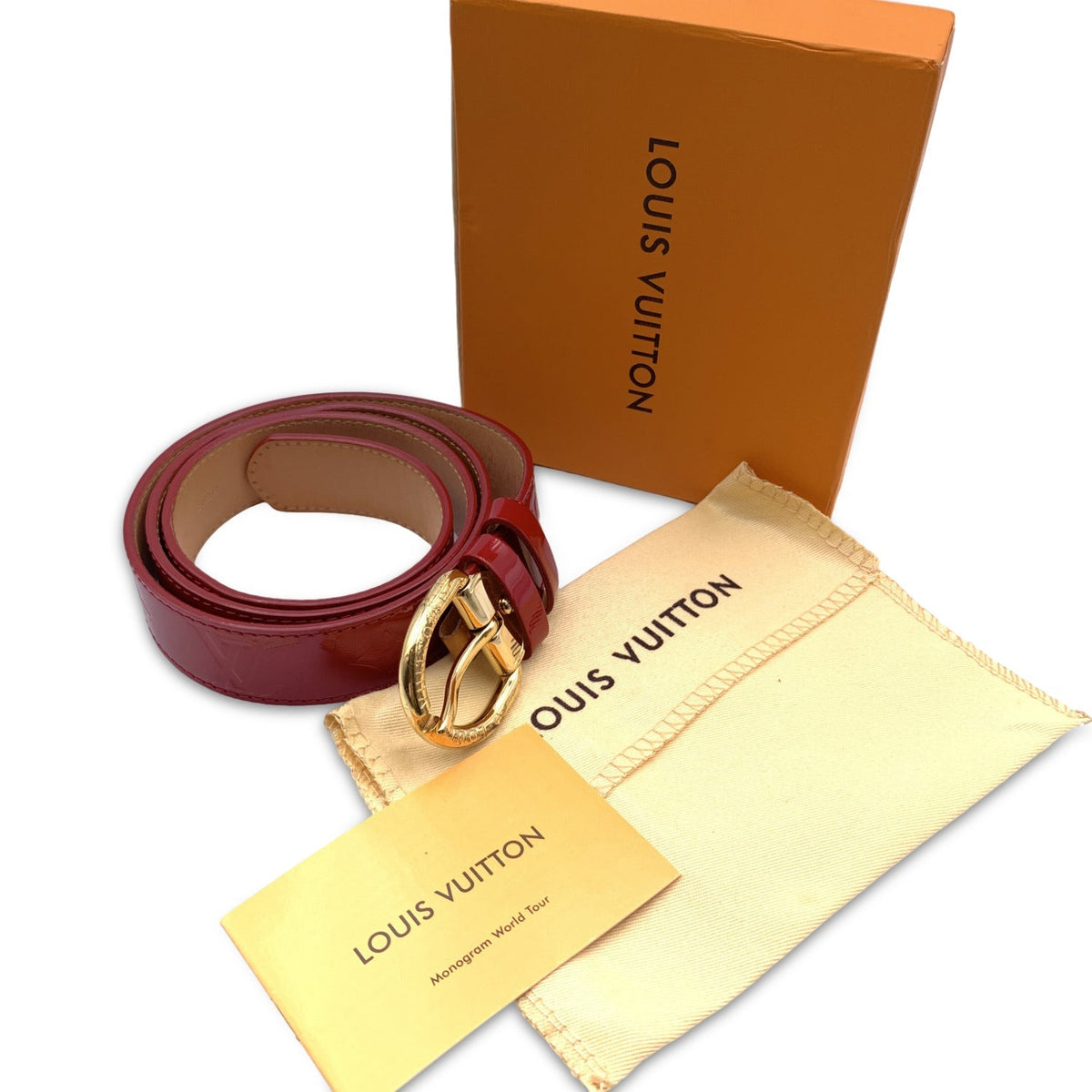 LOUIS VUITTON Red Pomme D'Amour Monogram Vernis Belt Size 90/36