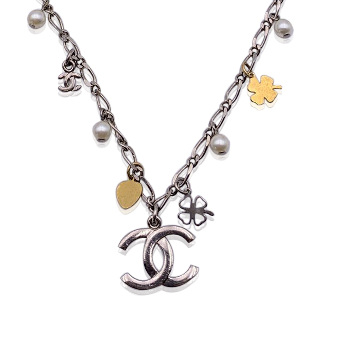 CHANEL Silver Metal Chain Necklace With Charms Cc Logo Pendant