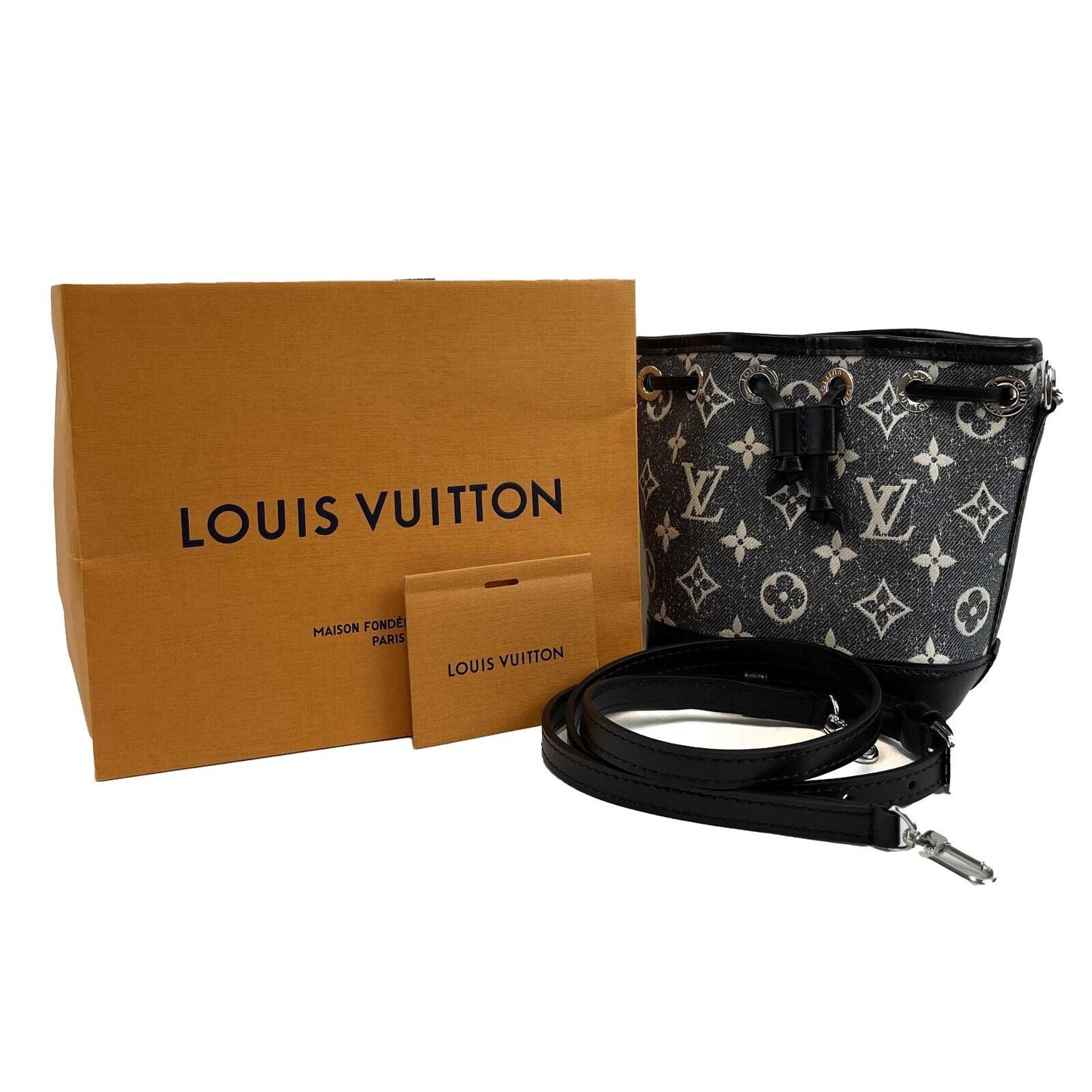 LOUIS VUITTON Monogram Jacquard Denim Nano Noe Gray Black Crossbody Bag NEW