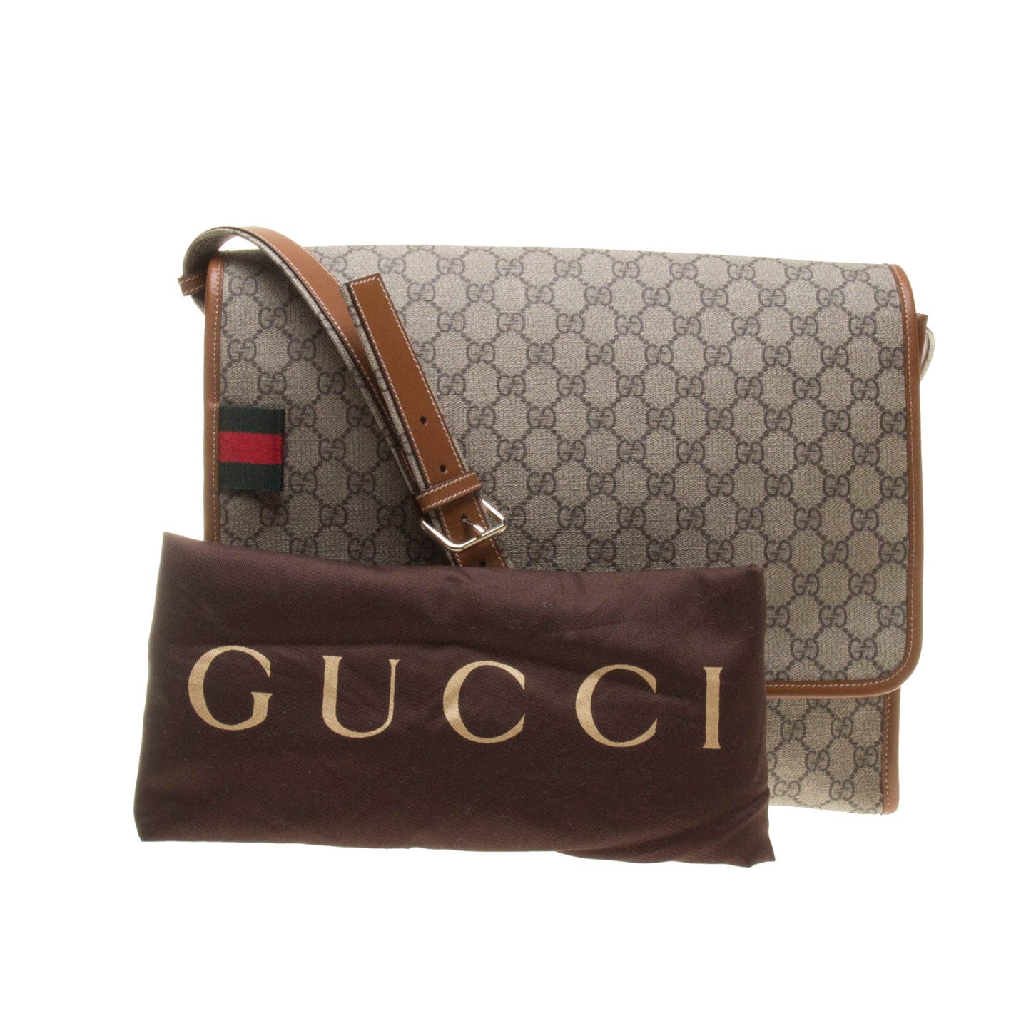 Gucci 246411 Beige/Ebony GG Supreme Canvas with Brown Leather Trim Crossbody Bag